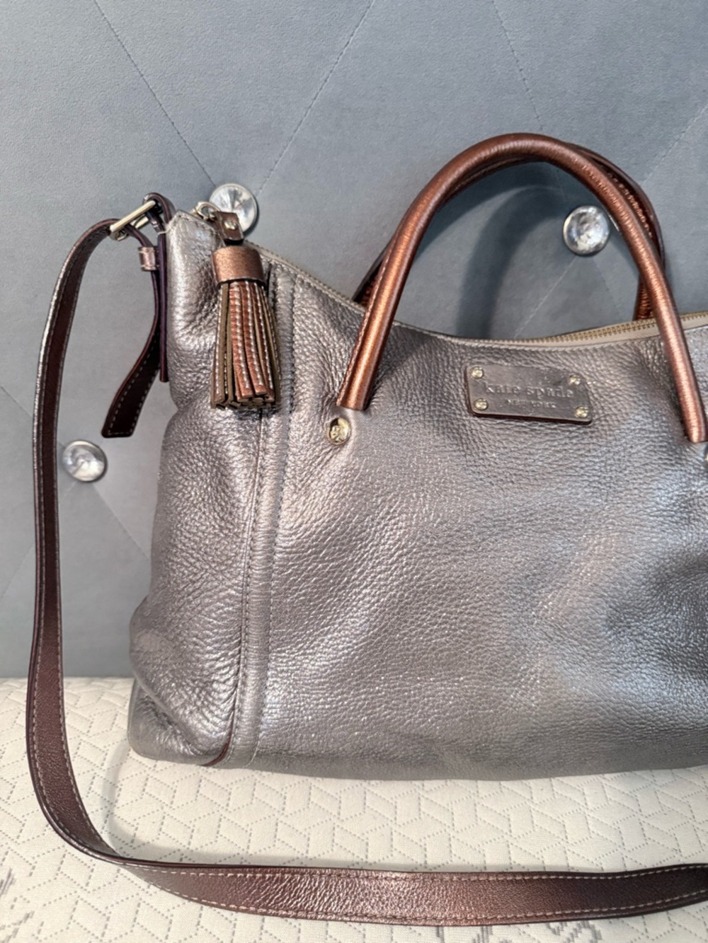 kate spade Metallic Gray Satchel with Brown Handles and Shoulder Strap - Picture 8 of 11